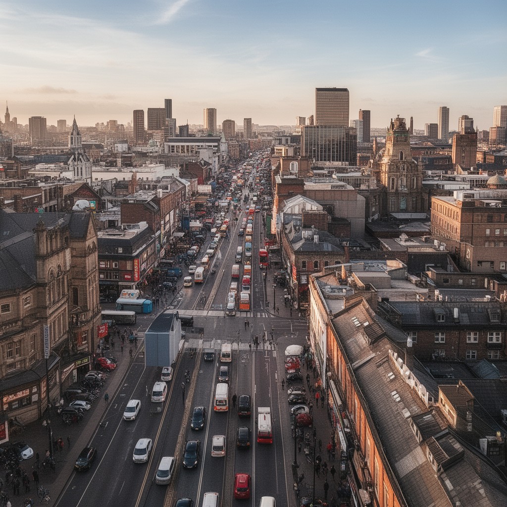 AI-generated illustration of Manchester city centre to Rusholme corridor