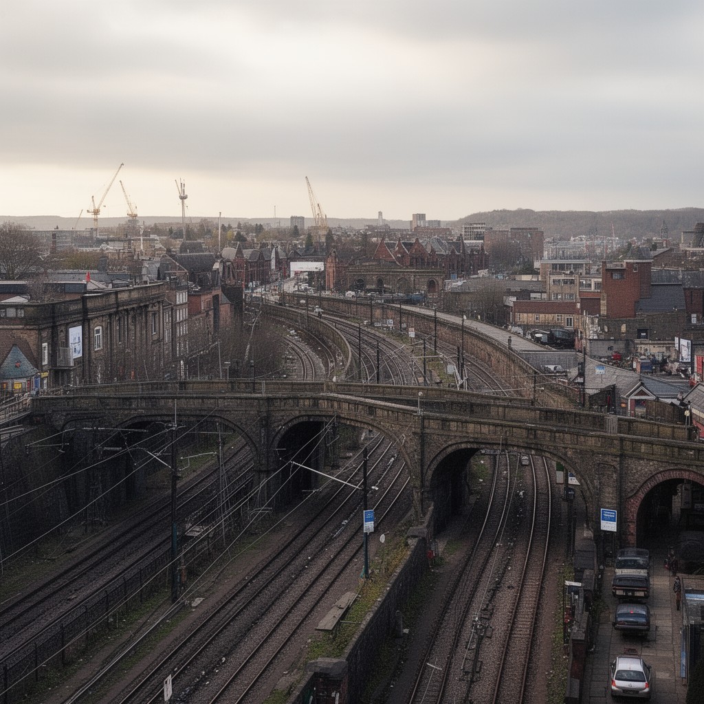 AI-generated illustration of Oxford Road railway viaducts