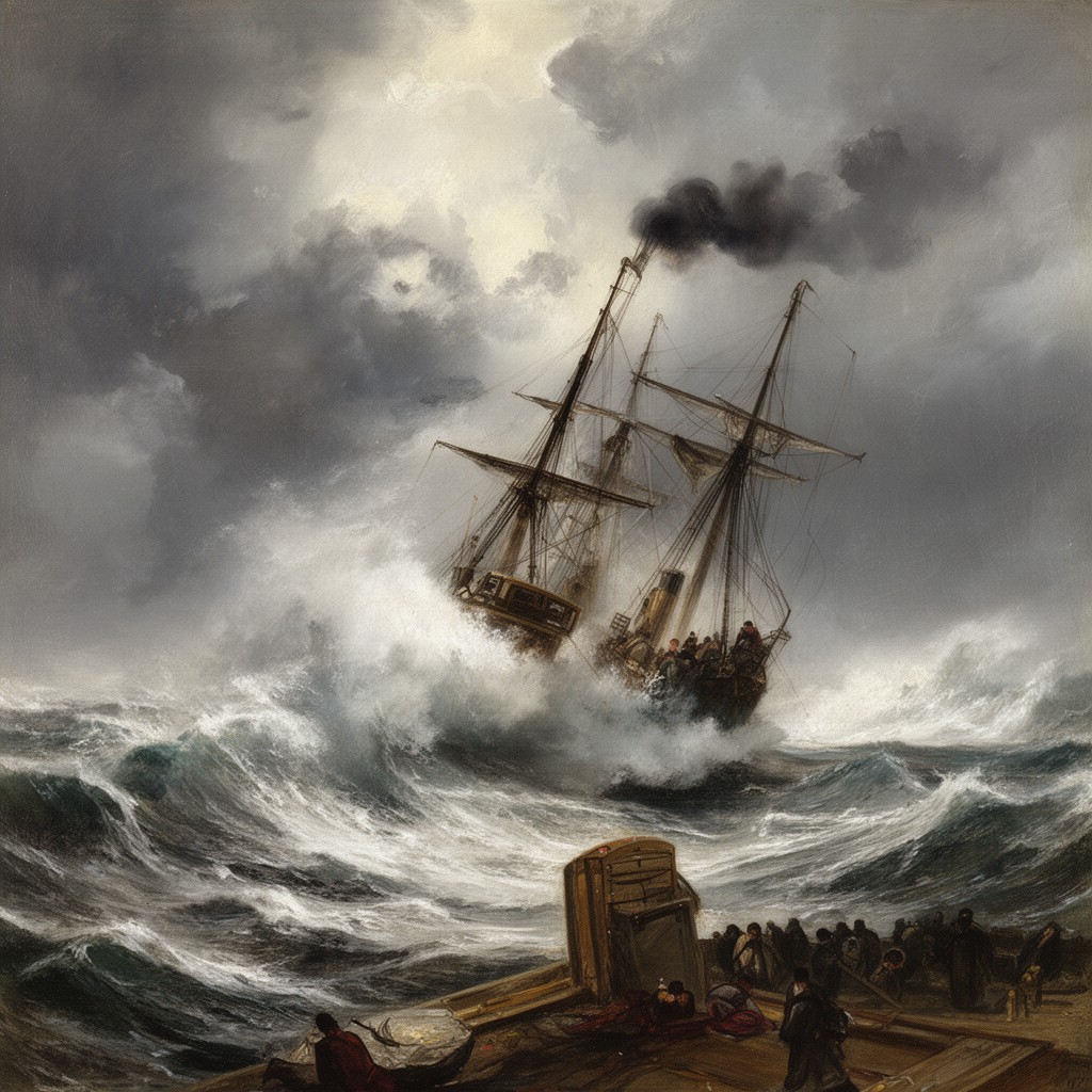 AI-generated illustration of Snow Storm: Steam-Boat off a Harbour’s Mouth