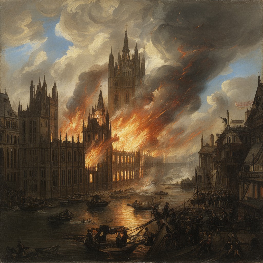 AI-generated illustration of The Burning of the Houses of Lords and Commons
