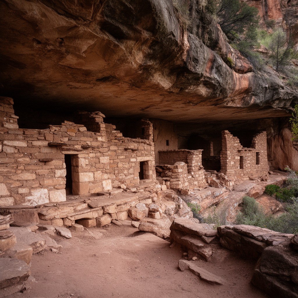 AI-generated illustration of Gila Cliff Dwellings (core archeological area)