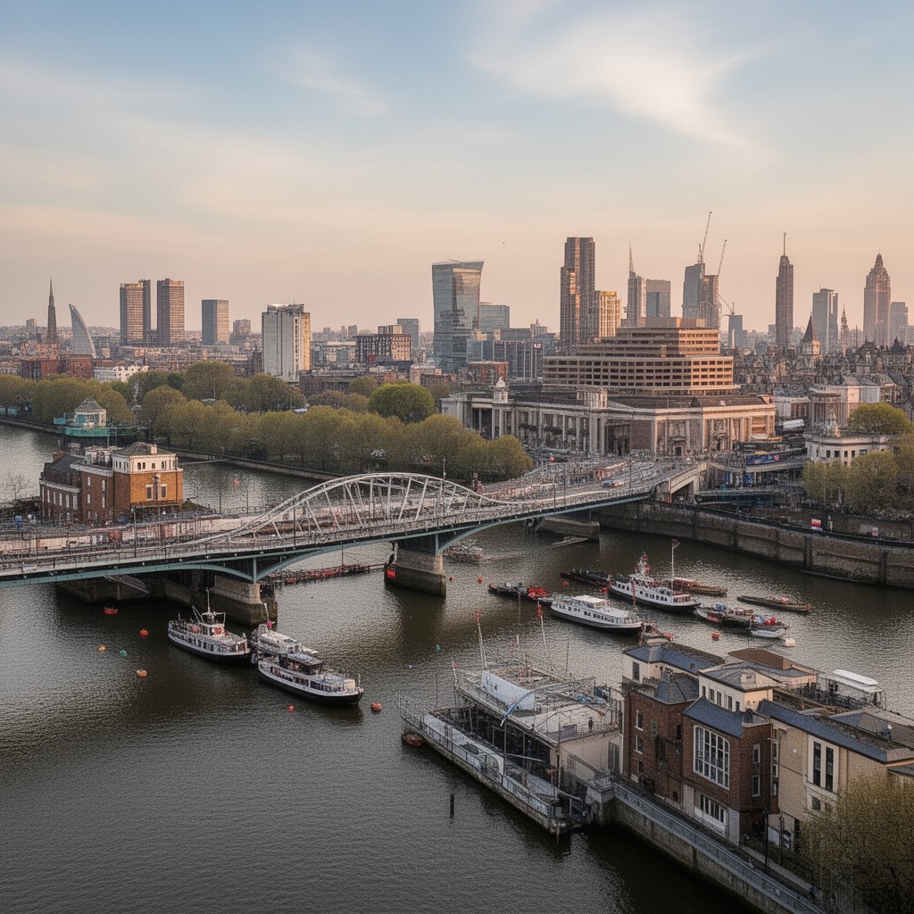 AI-generated illustration of London Borough of Wandsworth (across the River Thames)