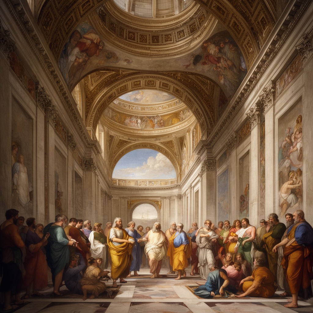 AI-generated illustration of The School of Athens