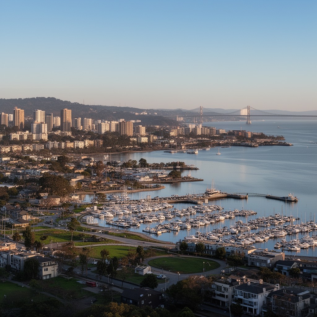 AI-generated illustration of Marina Bay, Richmond, California