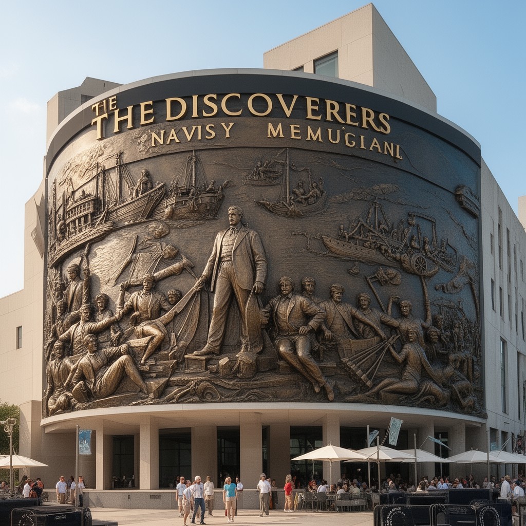 AI-generated illustration of The Discoverers (U.S. Navy Memorial reliefs)