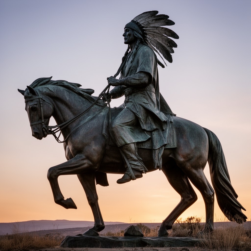 AI-generated illustration of End of the Trail sculpture depicting a weary Native American warrior