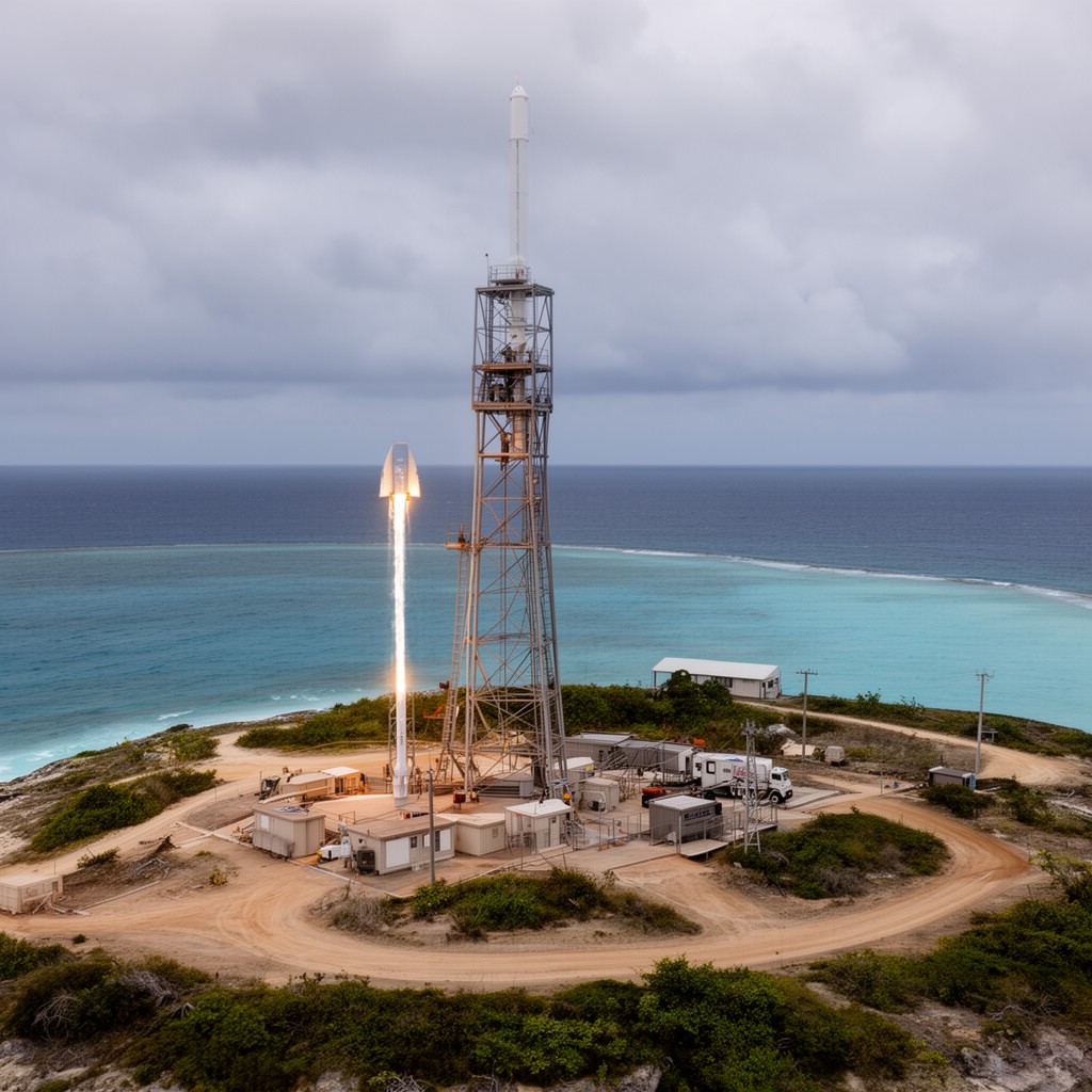 AI-generated illustration of Falcon 1 launch pad, Omelek Island