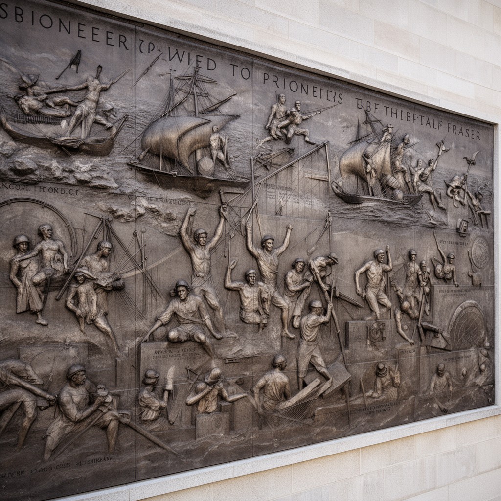 AI-generated illustration of The Pioneers (U.S. Navy Memorial reliefs)