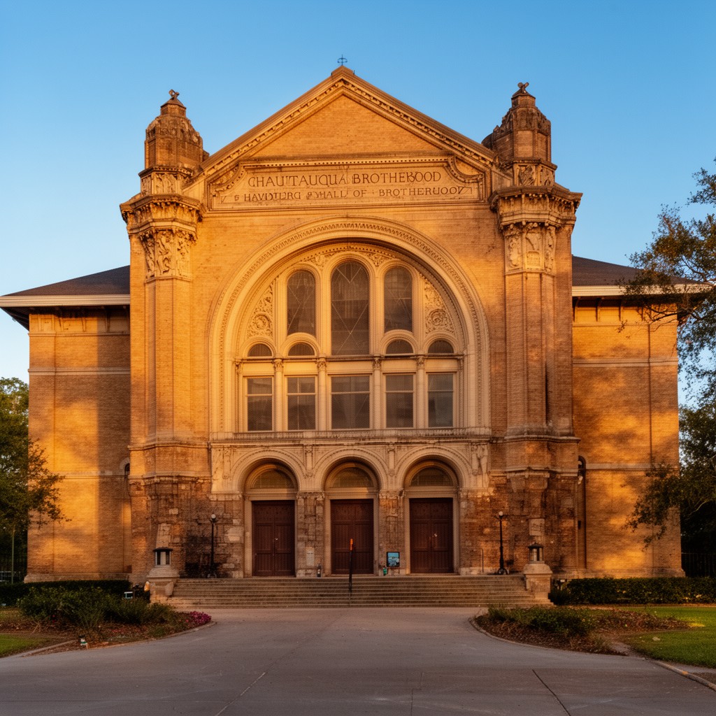 AI-generated illustration of historic Chautauqua Hall of Brotherhood