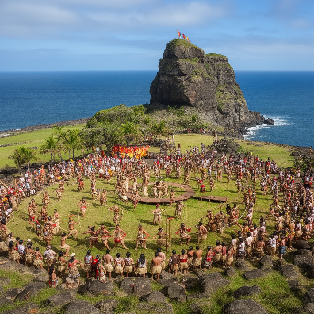 AI-generated illustration of Tapati Rapa Nui festival (nearby and centered on island)