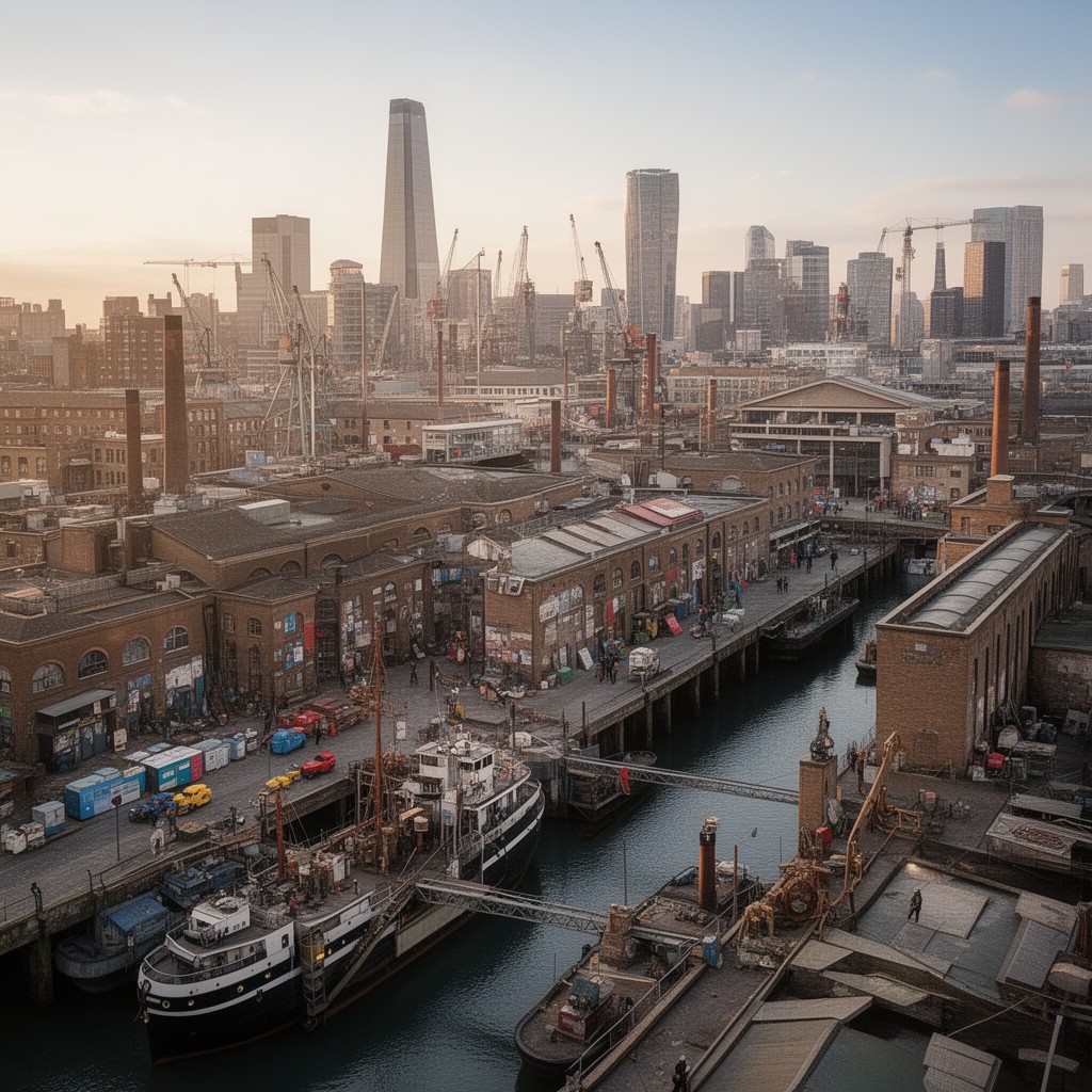 AI-generated illustration of London Docks