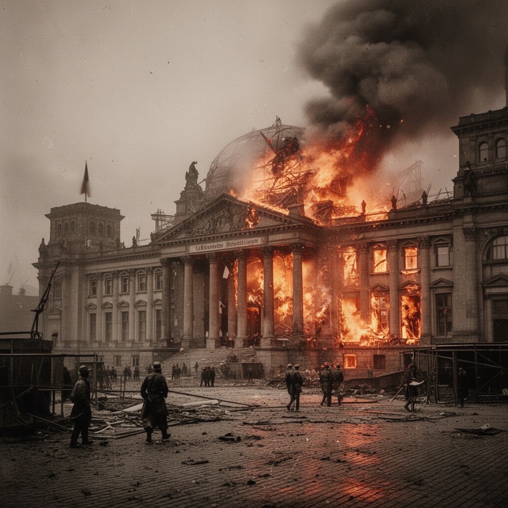 AI-generated illustration of Reichstag fire