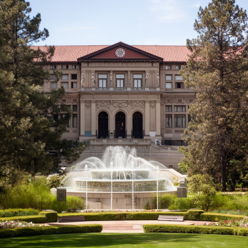 AI-generated illustration of Meyer Library (former main undergraduate library)
