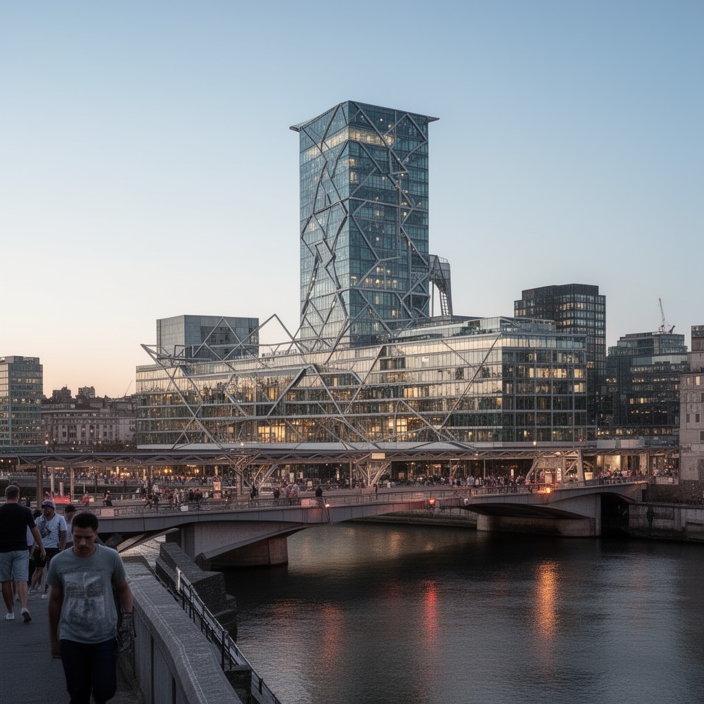 AI-generated illustration of SIS Building, Vauxhall Cross