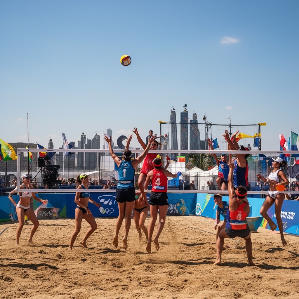 AI-generated illustration of London 2012 Olympic beach volleyball tournament