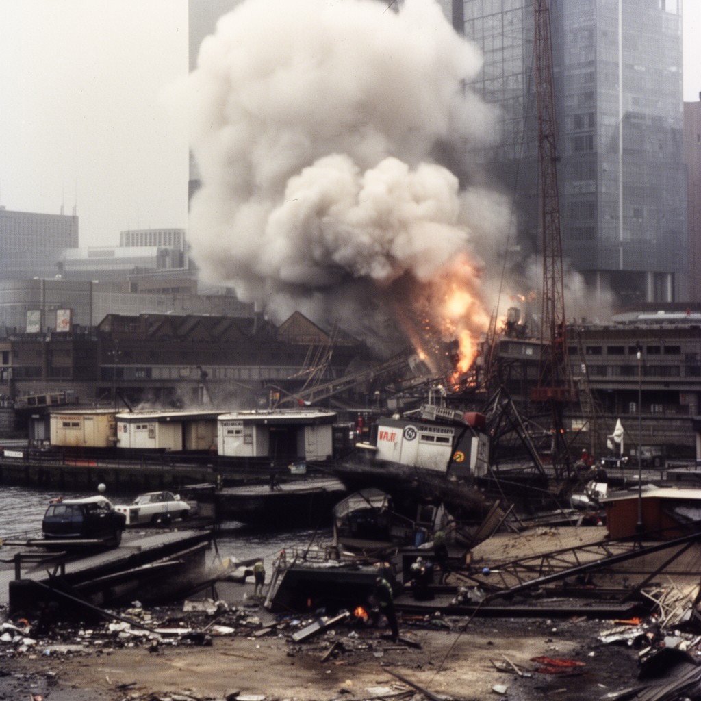 AI-generated illustration of Docklands bombing in London in 1996