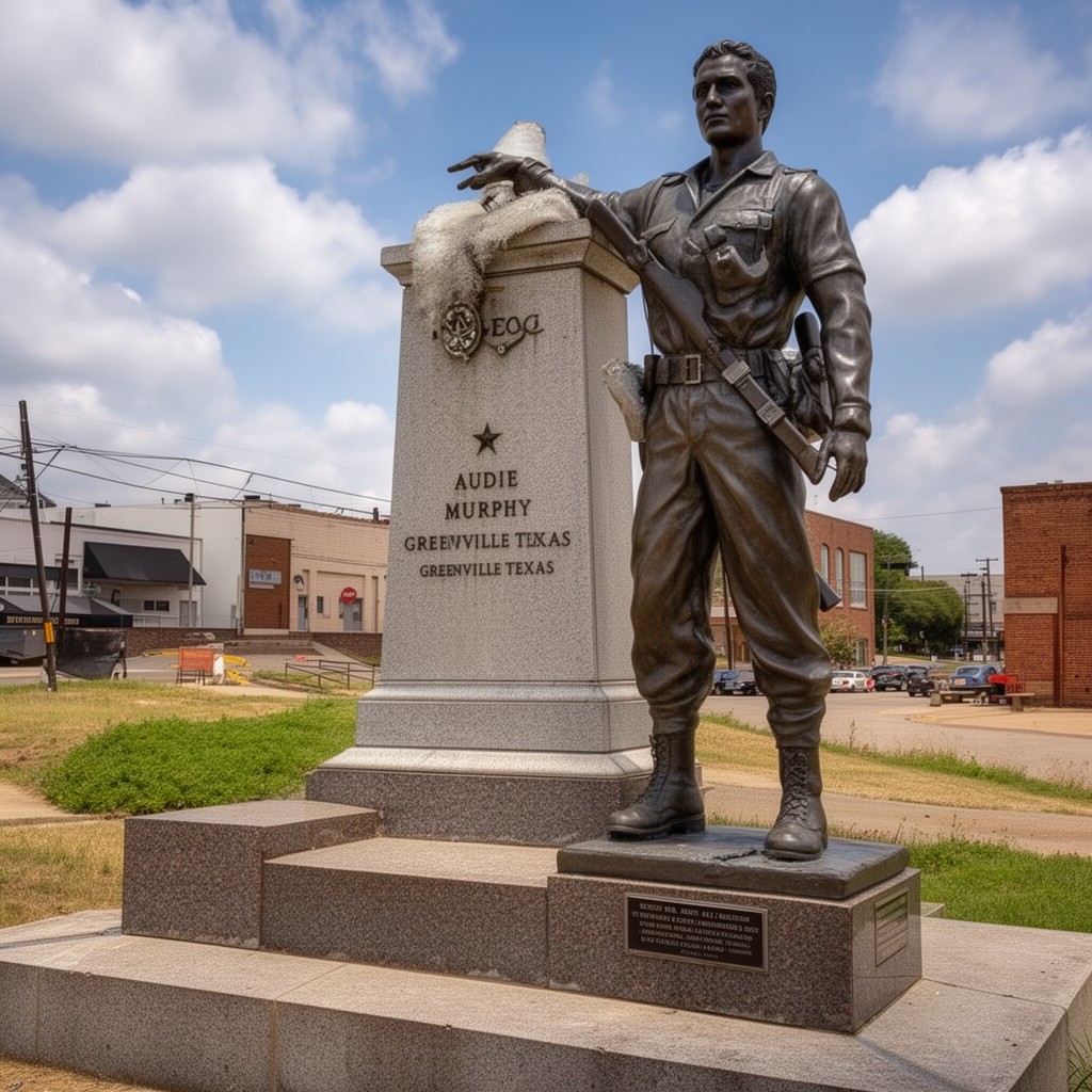 AI-generated illustration of Audie Murphy statue in Greenville, Texas