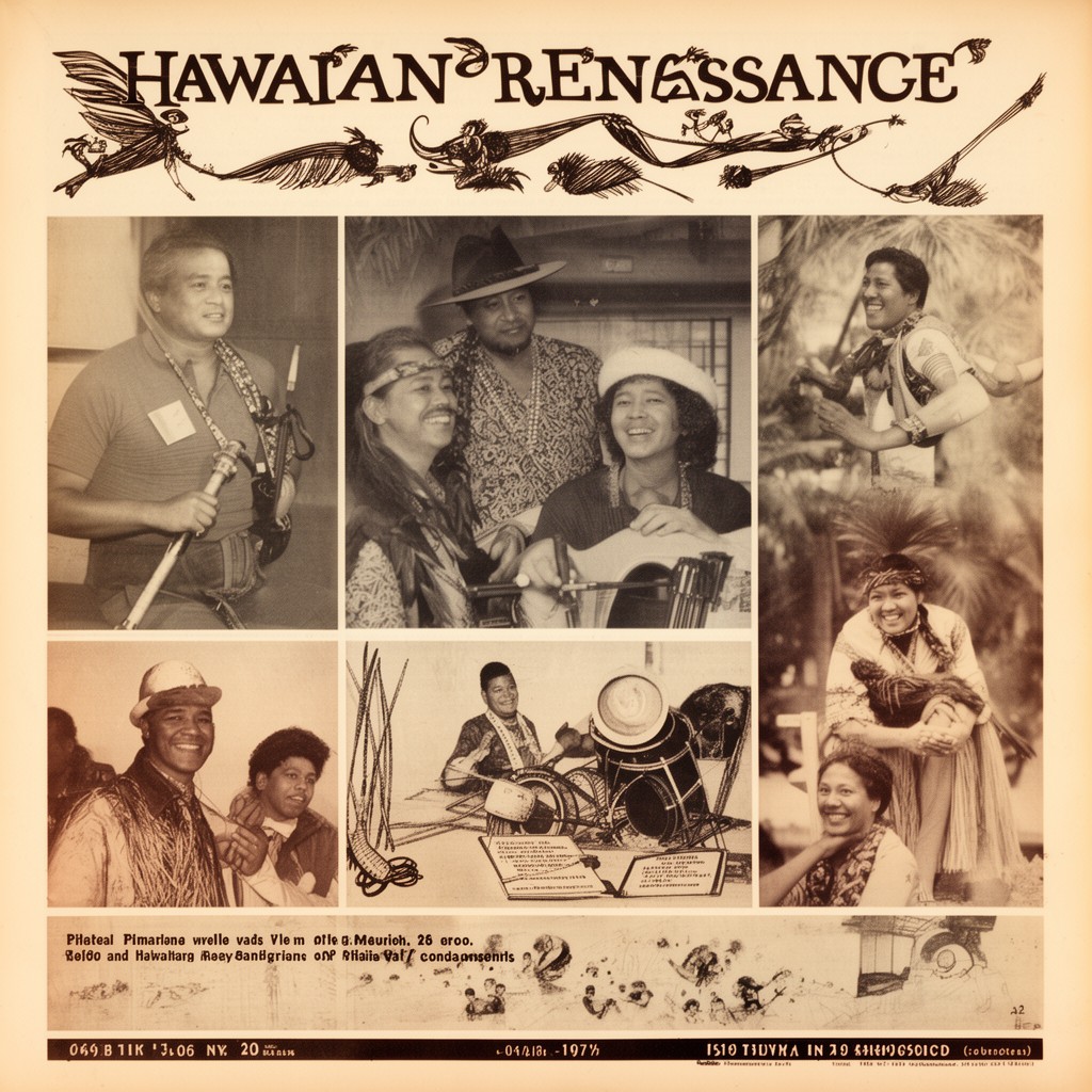 AI-generated illustration of Hawaiian Renaissance (1960s–1970s cultural revival)