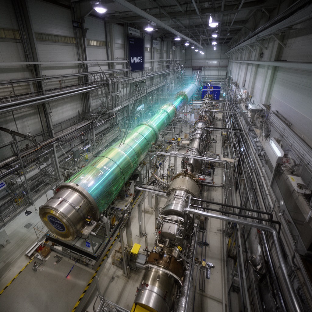 AI-generated illustration of CERN AWAKE experiment beamline