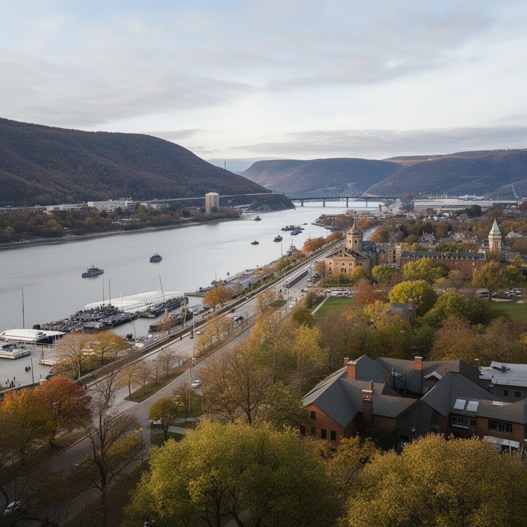AI-generated illustration of Hudson River waterfront at West Point