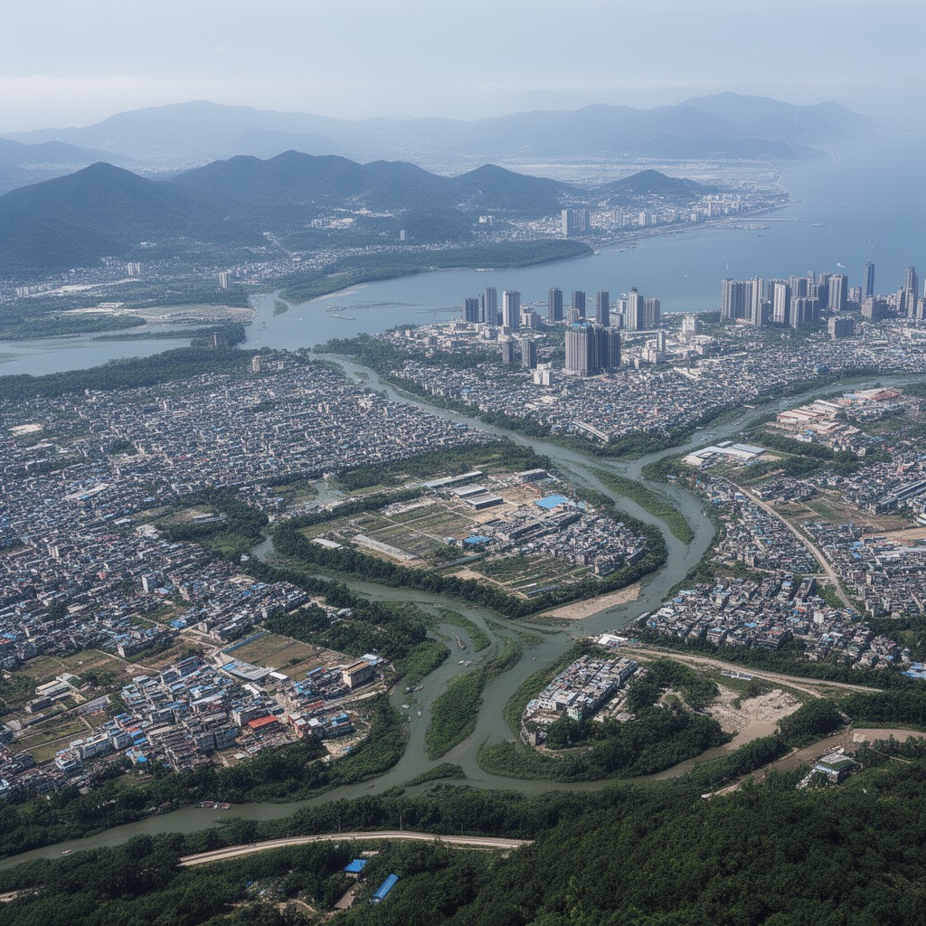 AI-generated illustration of East China coastal river systems