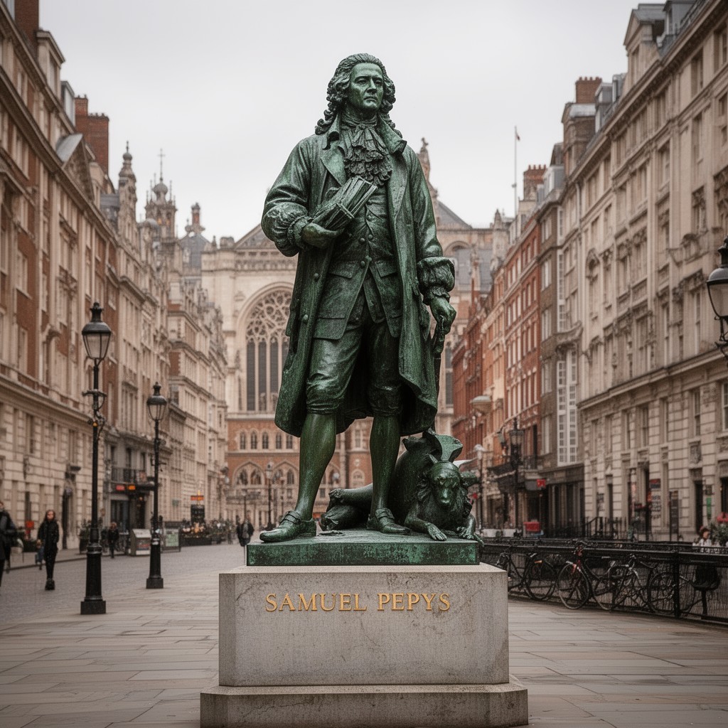AI-generated illustration of Samuel Pepys statue