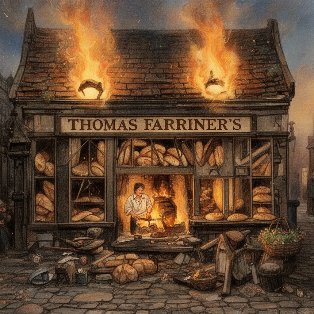 AI-generated illustration of Thomas Farriner's bakery
