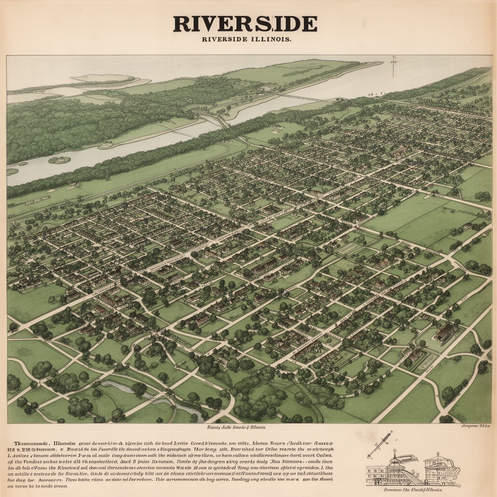 AI-generated illustration of Riverside, Illinois town plan