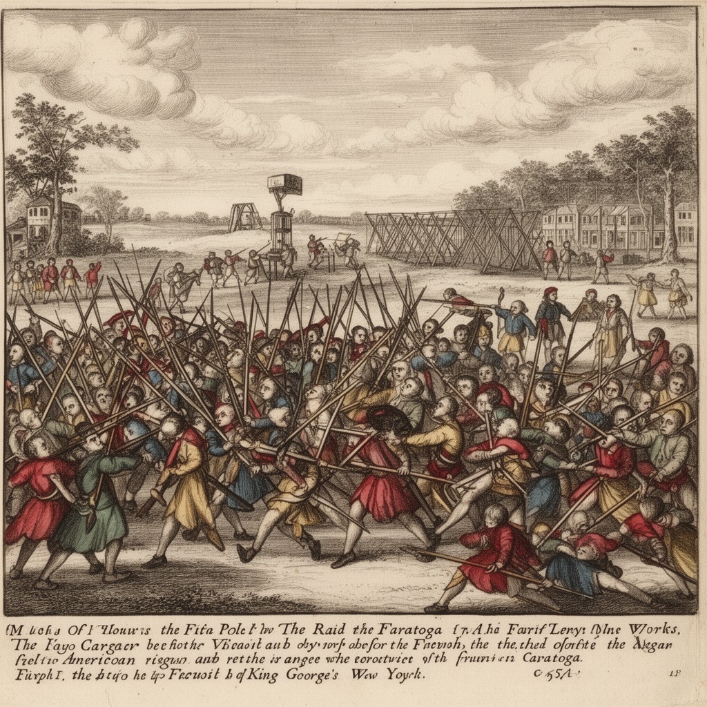 AI-generated illustration of Raid on Saratoga (1745)